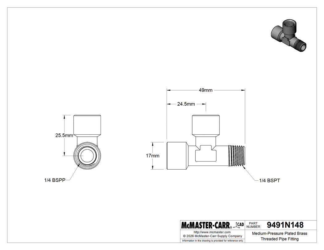 Technical Drawing of Medium-Pressure Plated Brass Threaded Pipe Fitting, Right-Angle Tee Adapter, 1/4 BSPP Female x BSPT Male.
